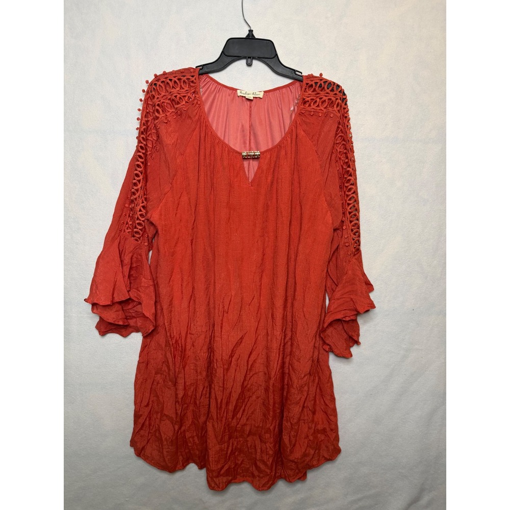 Indigo Rose Womens 3X Rust Orange Crochet Lace Sleeve Ruffle Tunic Top Boho